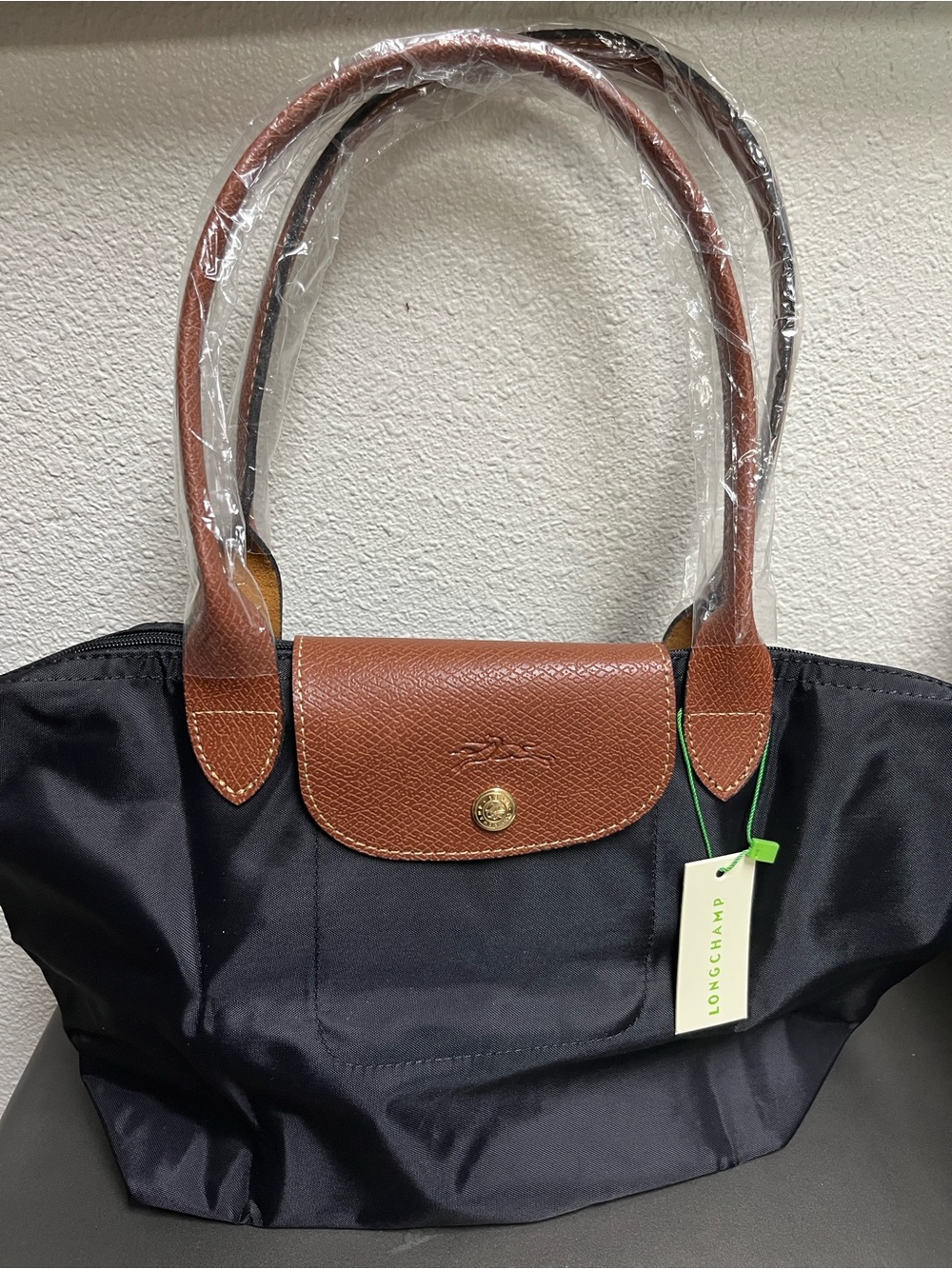 Longchamp Medium Fusil Gris Tote Bag with Brown Trim